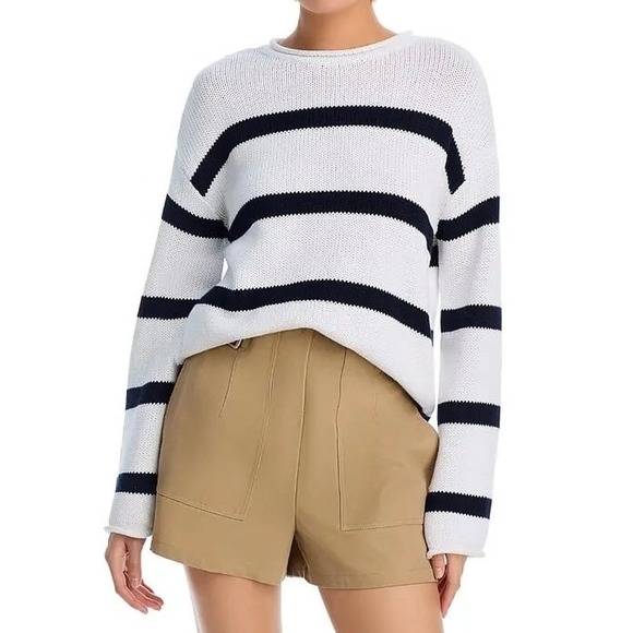 Aqua Women's Striped Cotton Knit Sweater White and Navy Blue Size L - Picture 1 of 9